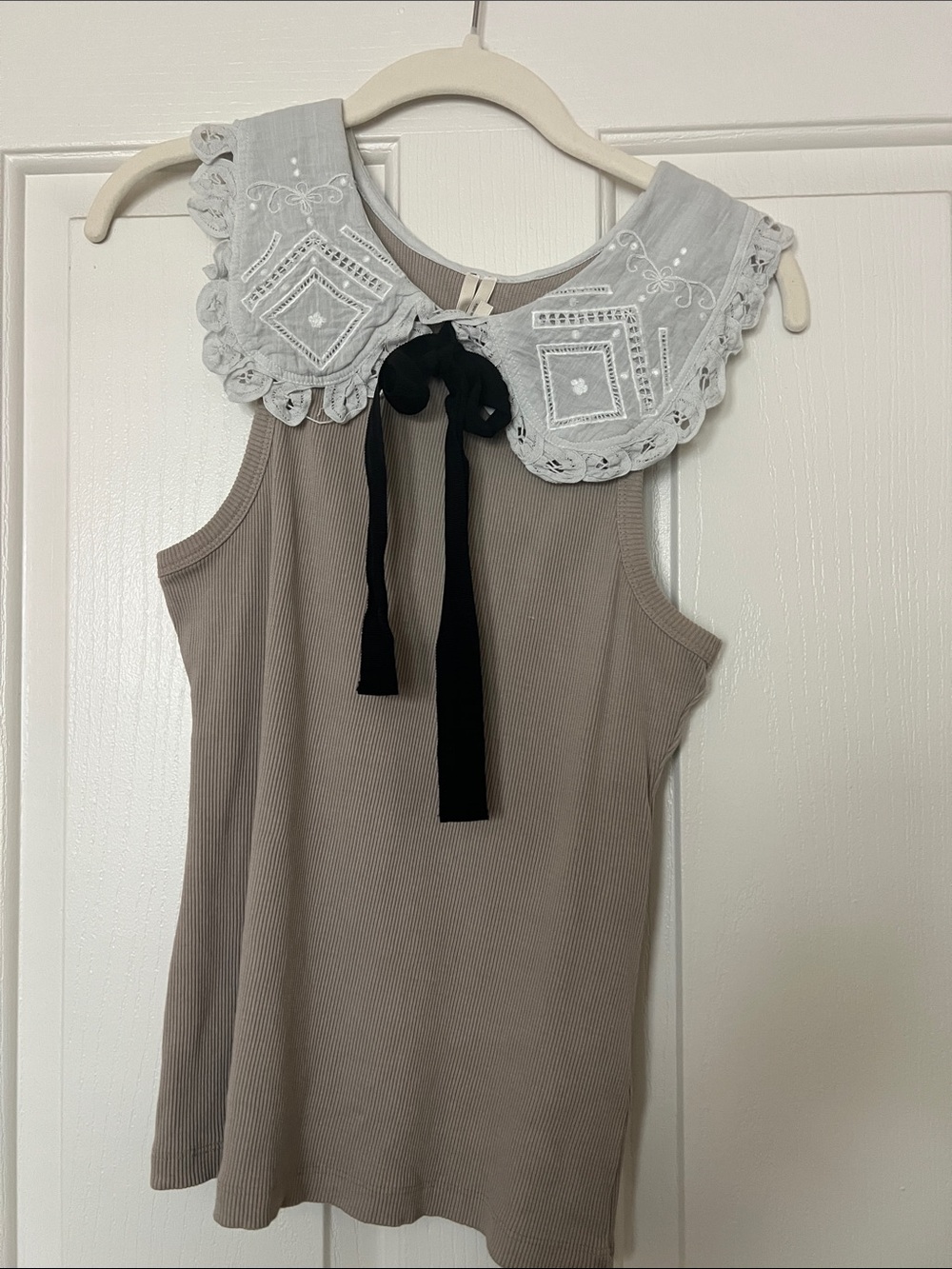 Anthropologie Taupe Ribbed Tank with White Lace Trim